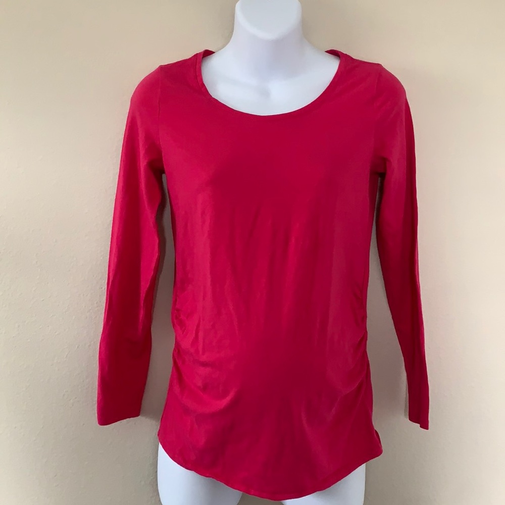 Bumpstart Fuschia Hot Pink Long Sleeve Scoop Neck Ruched T Shirt